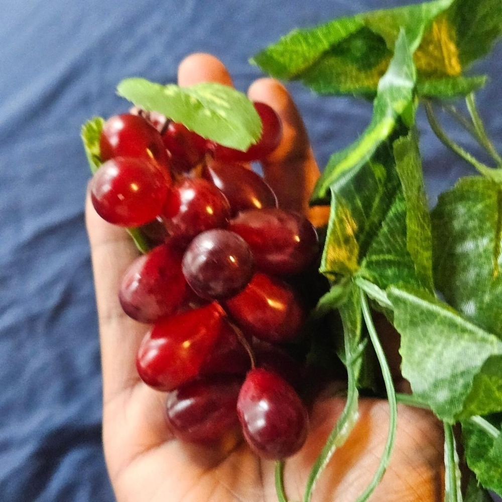 Red plastic‎ grape cluster with green leaves